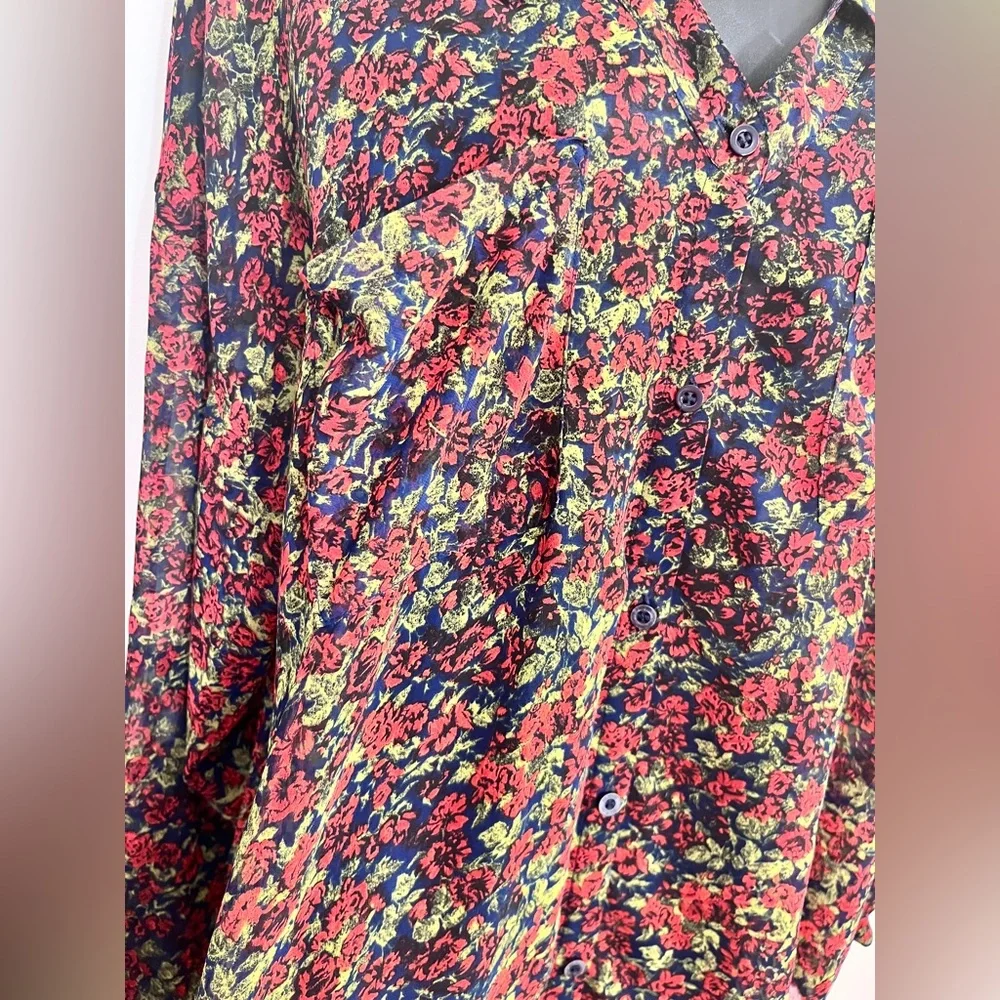 Free People Sheer button down floral shirt sz L - Picture 7 of 12